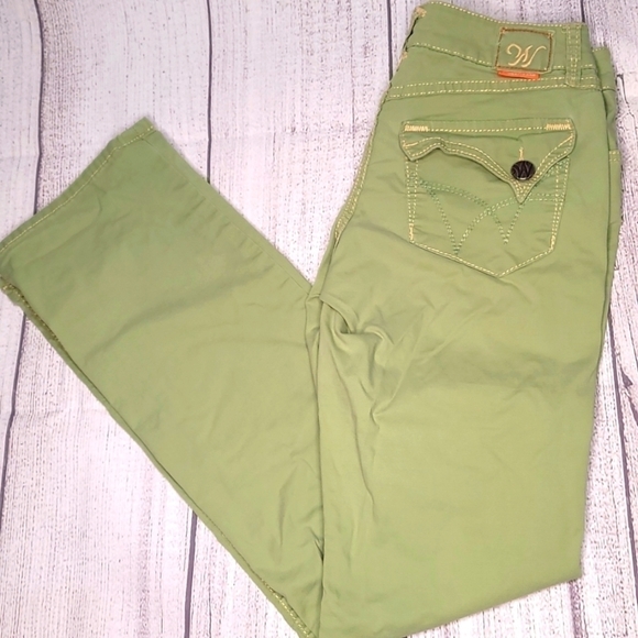WÖRN Green Stretch Denim Back Flap Pocket Jeans Straight Leg size 4/27 - Picture 3 of 13